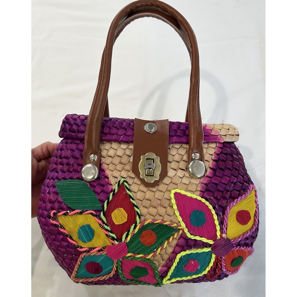 Vtg Mexican Woven Embroidered Straw Basket Picnic Beach Bag Market Tote Colorful